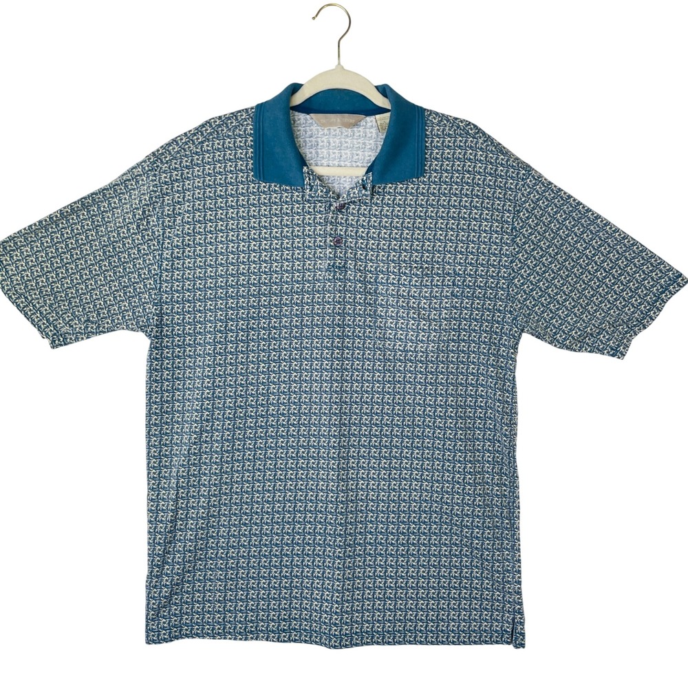 Taylor & Henry Mens Large Blue Geometric Print Short Sleeve Polo Shirt Pocket L